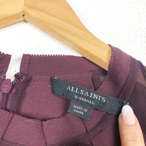 AllSaints Jay Pleated Mini Dress XS Bordeaux Red  Semi Sheer Casual Sleeveless - Picture 5 of 14
